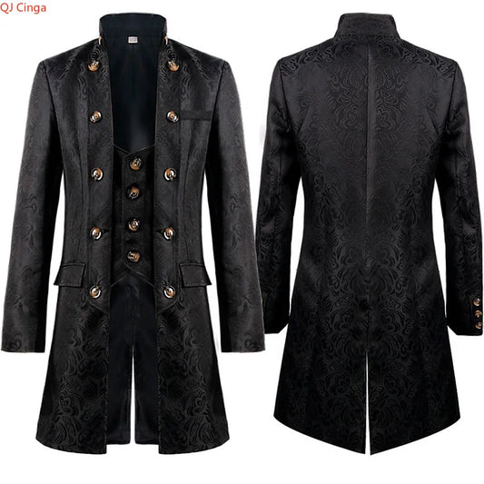 White Men's Vintage Style Military Double - Breasted Trench Coat with Embroidered Patterns and Black-Yellow Buttons.