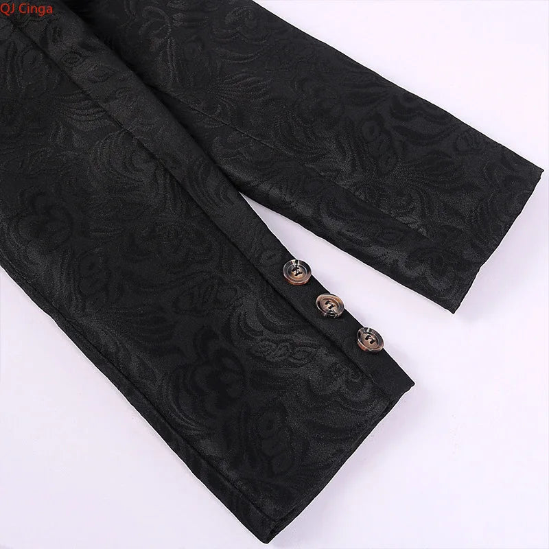 White Men's Vintage Style Military Double - Breasted Trench Coat with Embroidered Patterns and Black-Yellow Buttons.