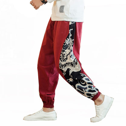 Seidarise Mens Linen Cargo Jogger Pant Japanese Hip Hop Sweatpants Harem Pants Sports Red