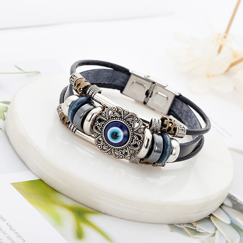 Vintage Hollow Evil Eye Stainless Steel Turquoise Bracelet